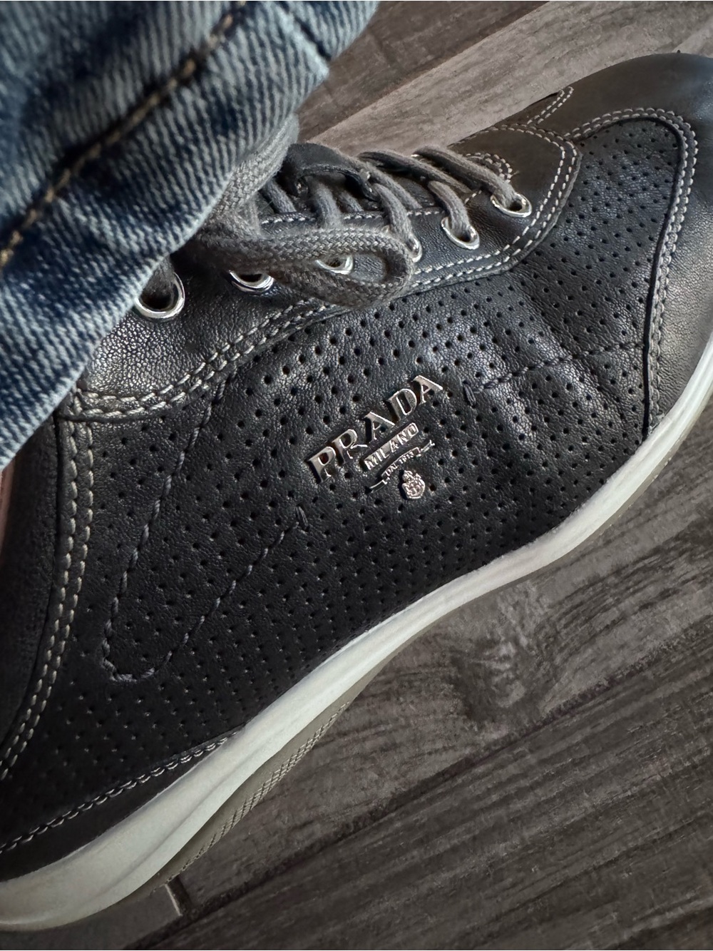 Prada 8 1/2 women or size 7 me dark  blue Perforated Leather Sneaker